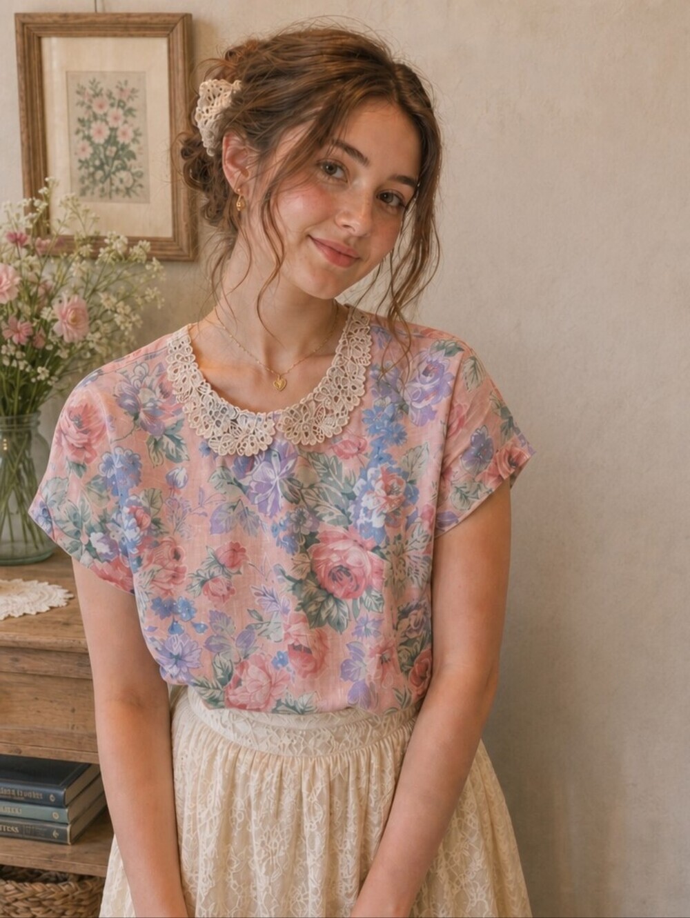 Vtg 80s California Connection Floral Blouse Crochet Lace Collar NWT Large 16/18